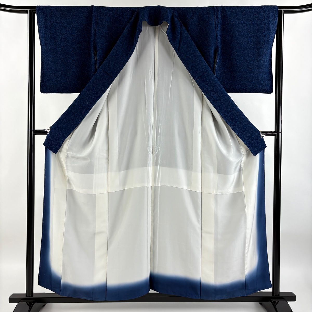 美品 小紋 付け下げ くすみブルー ネイビー 草花 身丈159.0cm 正絹 小紋 身丈154.5cm 裄丈62cm S 袷 落款 鳥 花唐草 縮緬 藍色 正絹