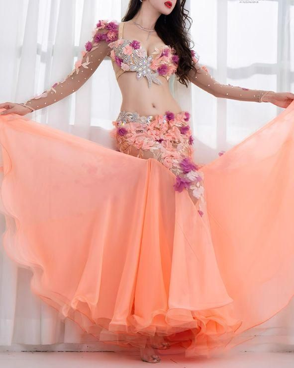 ベリーダンス衣装 ブラスカートセット オレンジ系 花 オーダーメイド ベリーダンス衣装 ブラスカートセット オレンジ系 花 オーダー