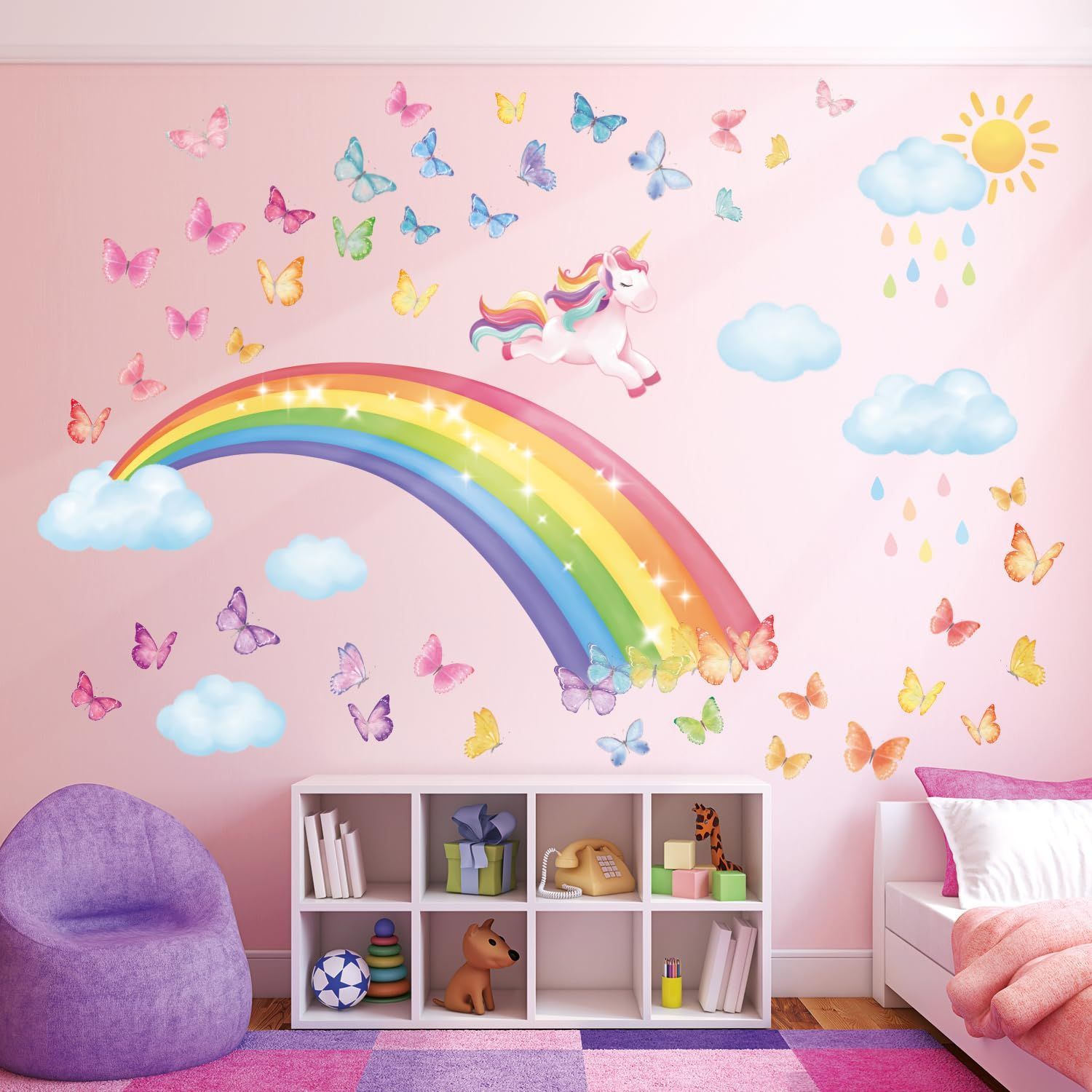虹とユニコーン ウォール ステッカー デコ 姫 子供パーティー 幼稚園 保育園 子供部屋 DIY SG2-2309 用 壁転写 シール ウォールアート シール 男の子 女の子 こども バスルーム デコレーション 