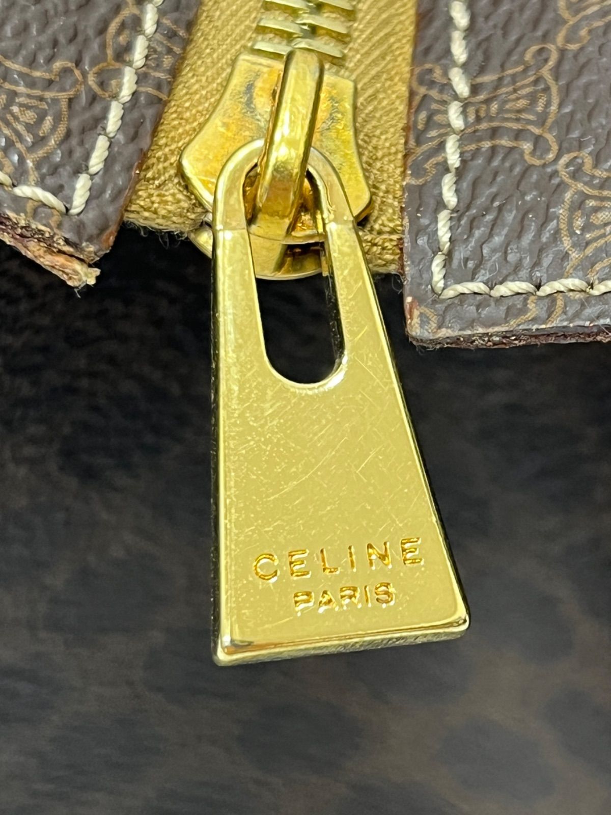 セリーヌ　ハンドバッグ　レザー　PVC マカダム　ゴールド金具　濃茶 CELINE ハンドバッグ レザー PVC マカダム ゴールド金具 濃茶系