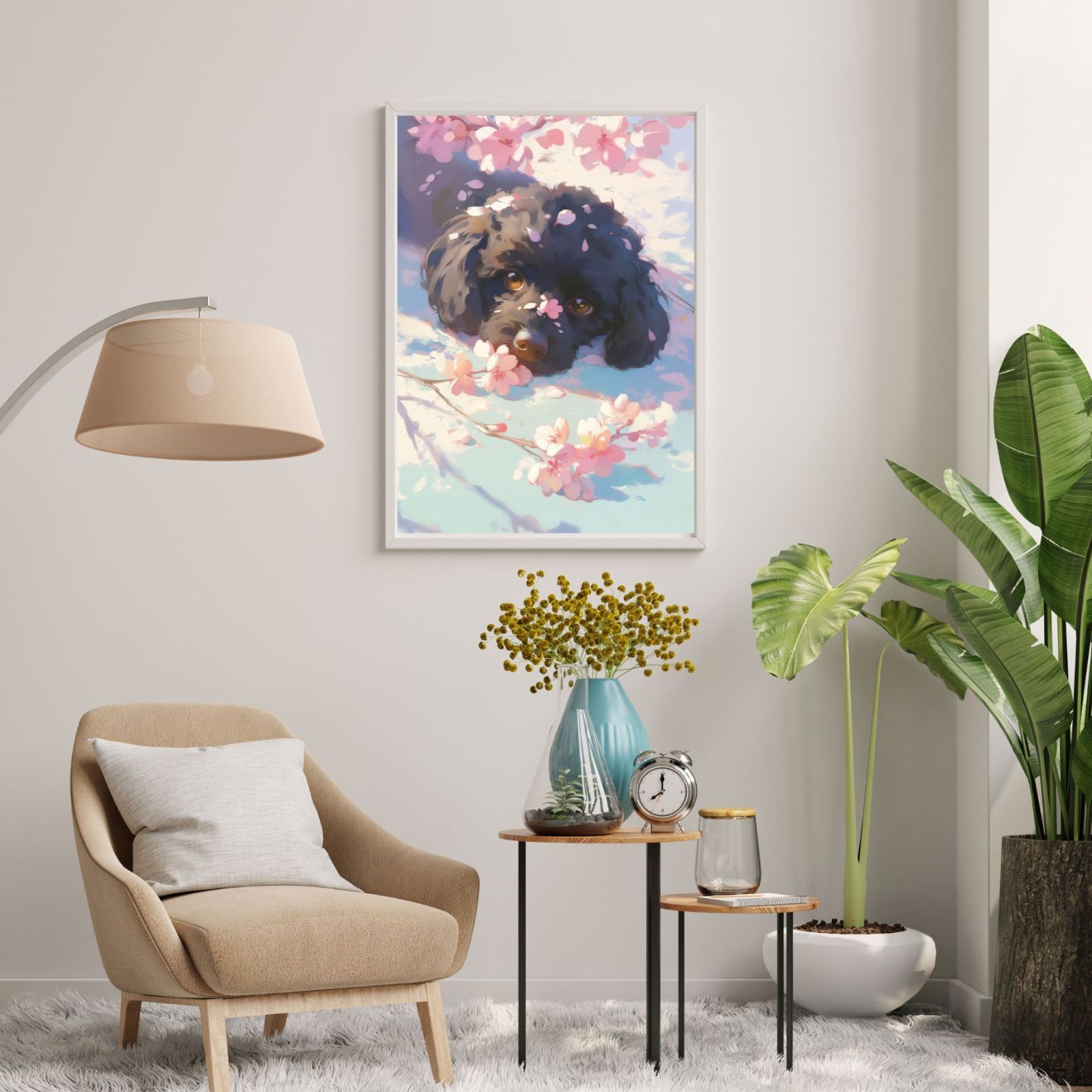 夢を追う 桜犬戯舞 - トイプードル犬 No.5 ブラック 黒 桜 花見 春 花びら 子犬 ペットロス うちの子 記念日 アートポスター 犬の絵 犬のイラスト ギフト プレゼント 贈り物に最適な