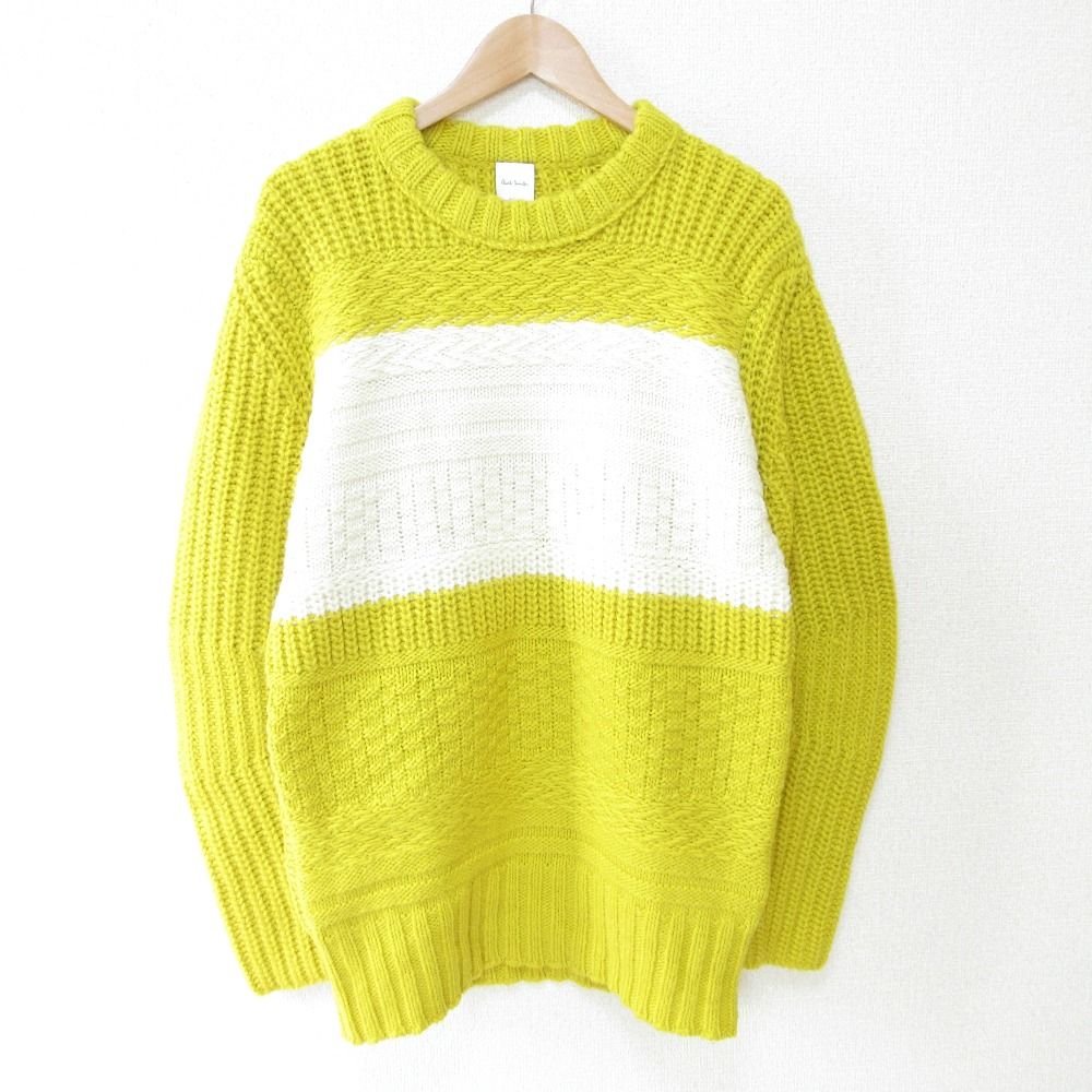 ほぼ美品 Paul Smith ポールスミス アルパカブレンド バナナスリーブ オーバーサイズ ローゲージニット セーター M イエロー×ホワイト メンズ 古着 中古 USED