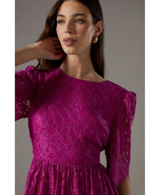 送料無料 コースト レディース ワンピース トップス Women s Lace Short Sleeve Midi Dress Magenta