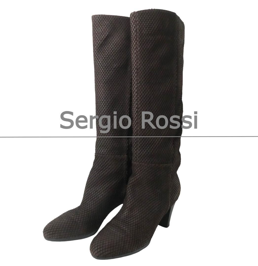 Sergio Rossi セルジオロッシ サイズ37 約24㎝ ロングブーツ ジョッキーブーツ ラウンドトゥ チャンキーヒール パイソン レザー スエード 茶 ブラウン レディース