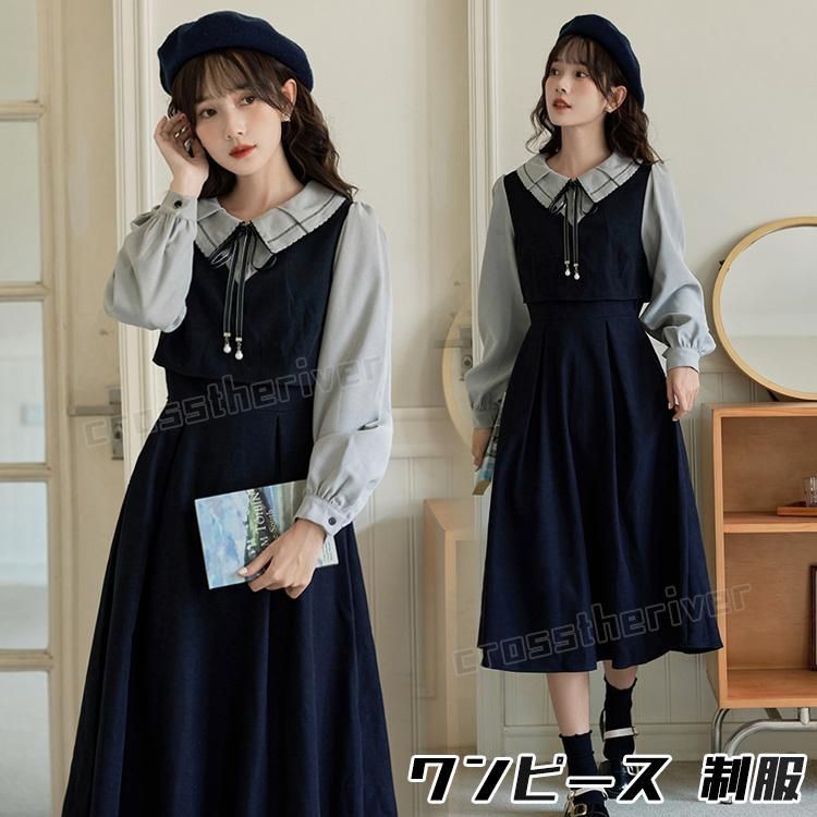 卒業式 スーツ 女の子 韓国 制服 卒服 高校生 中学生 ワンピース フォーマルスーツ ピアノ発表会 体型カバー 膝丈 フェイクレイヤード ネイビー 卒服 ジュニア