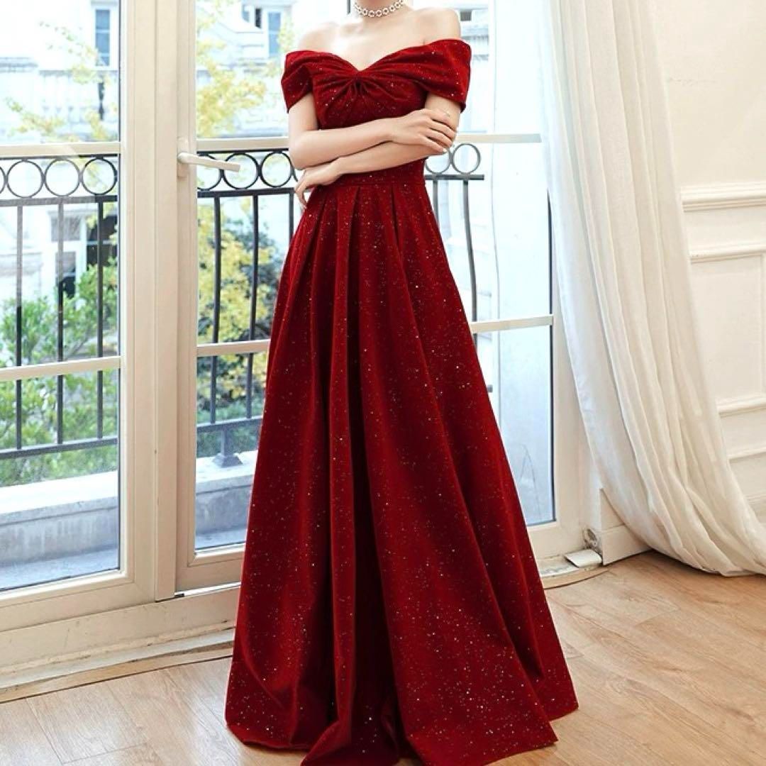 リボンのデザインのオフショル ラメ入りイブニングドレス?.? - メルカリ