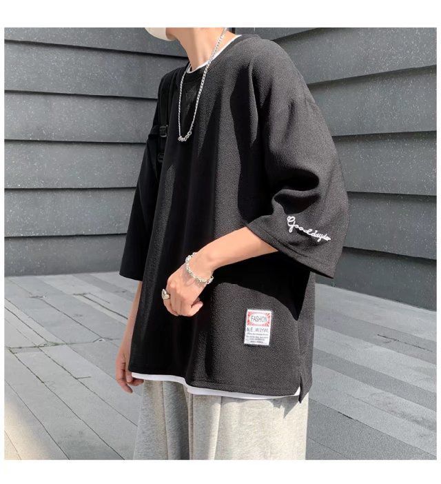 Tシャツ  メンズ 無地 袖刺繍 ルーズ ビッグシルエット 五分袖 トップス カジュアル ゆったり 半袖Tシャツ  無地 薄手 レイヤード 夏 夏服 ファッション fuhai30 thumbnail 8