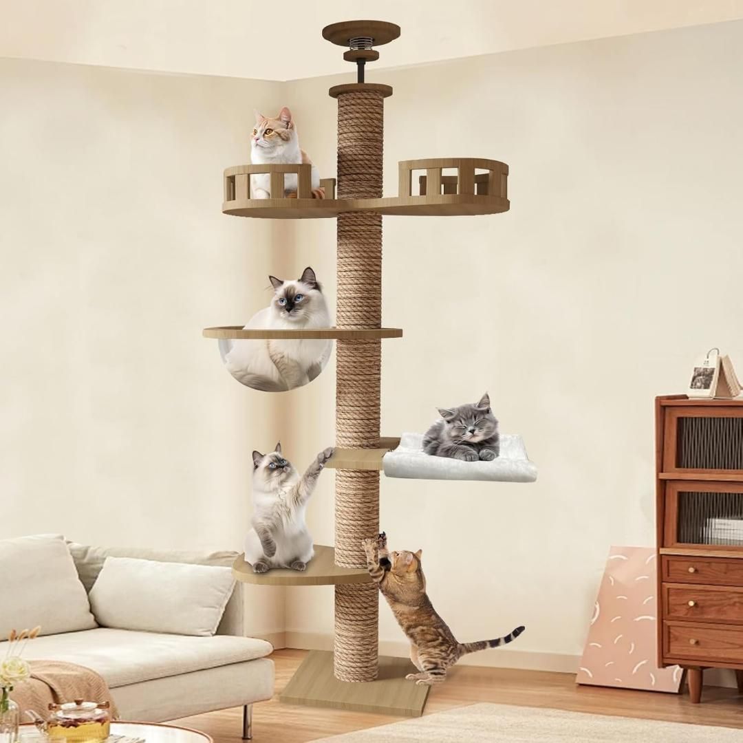 CozyMeow キャットタワー 突っ張り 木製 キャットツリー 木登りタワー