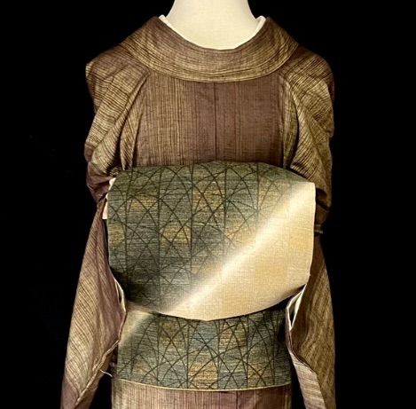 芝草の紬の洒落袋帯〉裏表 アイボリー 深緑 全通 柔らかい トール  