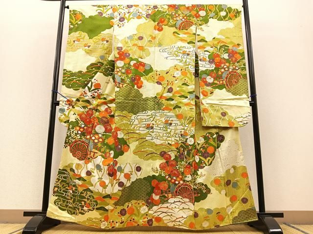 平和屋着物○豪華振袖 型染 遠山花鳥文 正絹 逸品 DAAQ2806ps