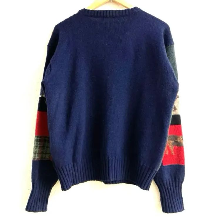 90s ヴィンテージ Polo by Ralph Lauren ポロ ラルフローレン フラッグ 星条旗 動物 馬 パッチワーク柄 ウール ニット セーター M