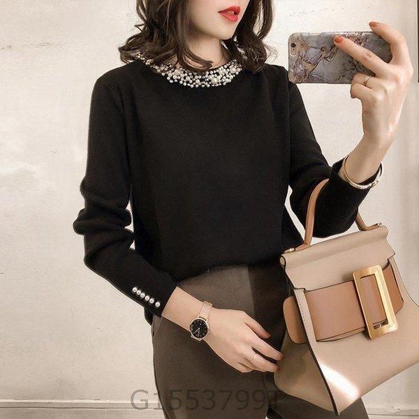 ビジューパールニットトップスレディース春秋おしゃれ可愛いかわいい春服秋服冬服ニットソービジュー付き大人カジュアル