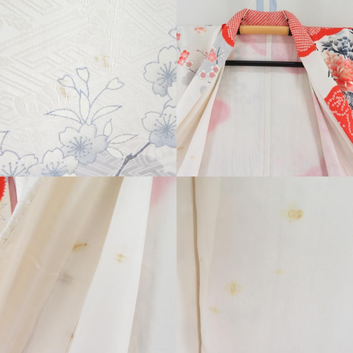 振袖 正絹 オレンジx白 絞り 花々紋様 袷 広衿 成人式 卒業式 舞台