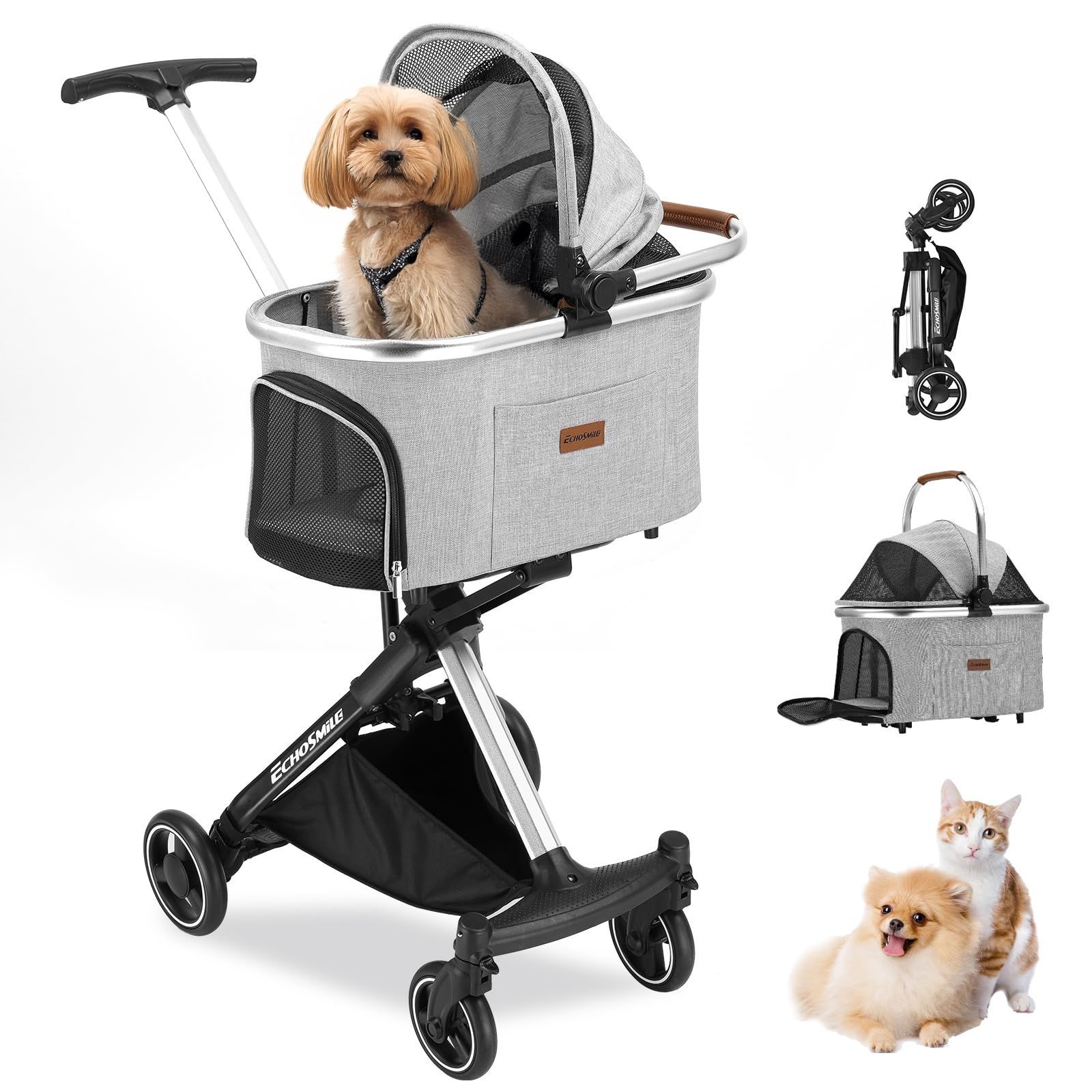 通院用 旅行 屋外 グレー 避震ホイール 快脱式バスケット 防水ベッド メッシュ窓 犬猫兼用 ワンタッチ収納 耐荷重20kg 360°回転車輪 折りたたみ式 バギー 分離型 コンパクト 軽量 猫 小型犬 ペットカート EchoSmile