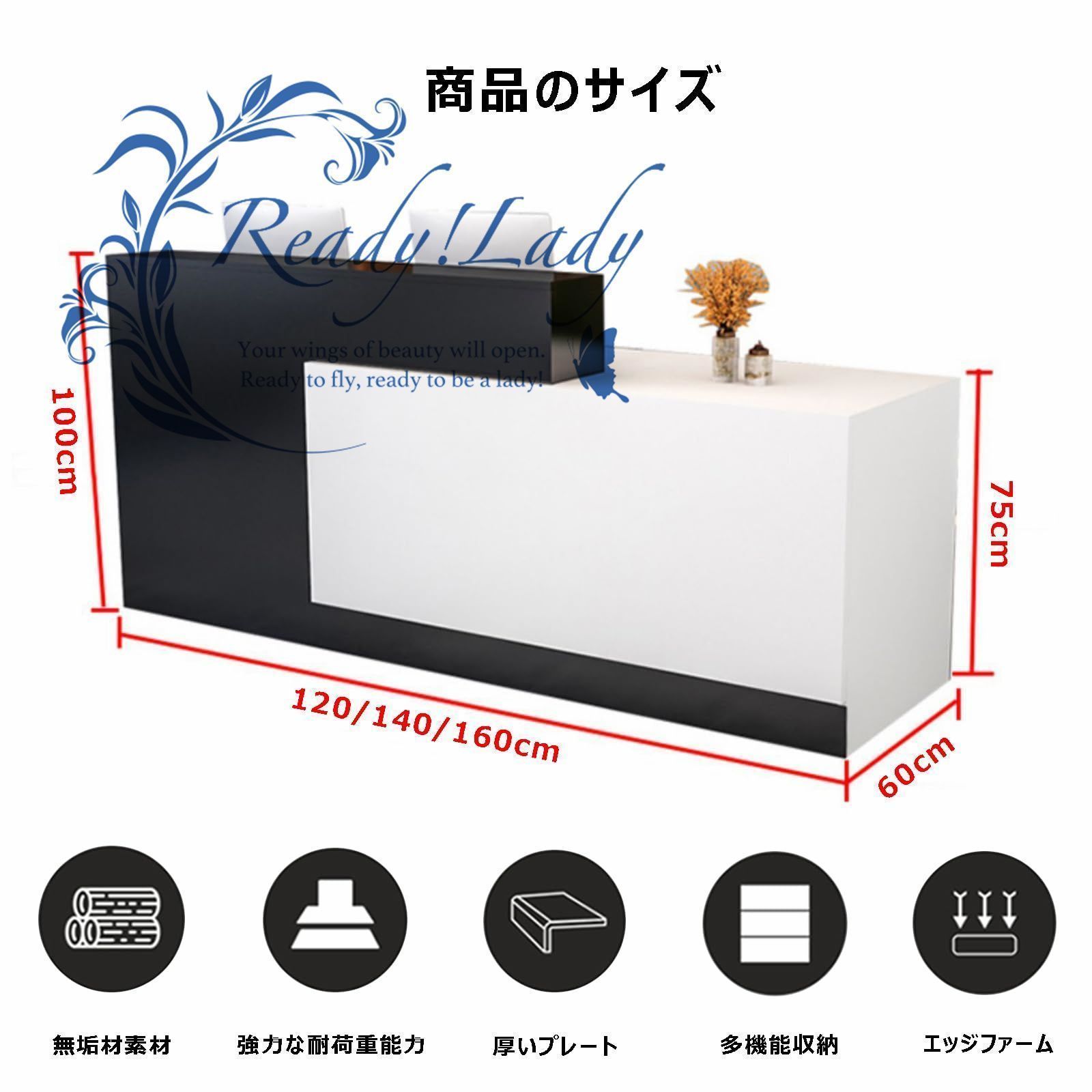 受付カウンター レジカウンター 木製のレセプションデスク ショーケース付き カウンター 120x60x100cm 白 グレー-右