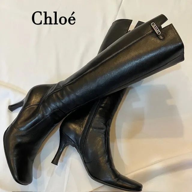 クロエ Chloé サイドロゴ ロングブーツ ブラックレザー リーガル製 サイズ 35.5 約22.5cm Japan