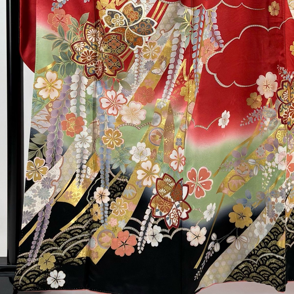 振袖 身丈161.5cm 裄丈67cm M 袷 桜 熨斗 金糸 金彩 赤 正絹 美
