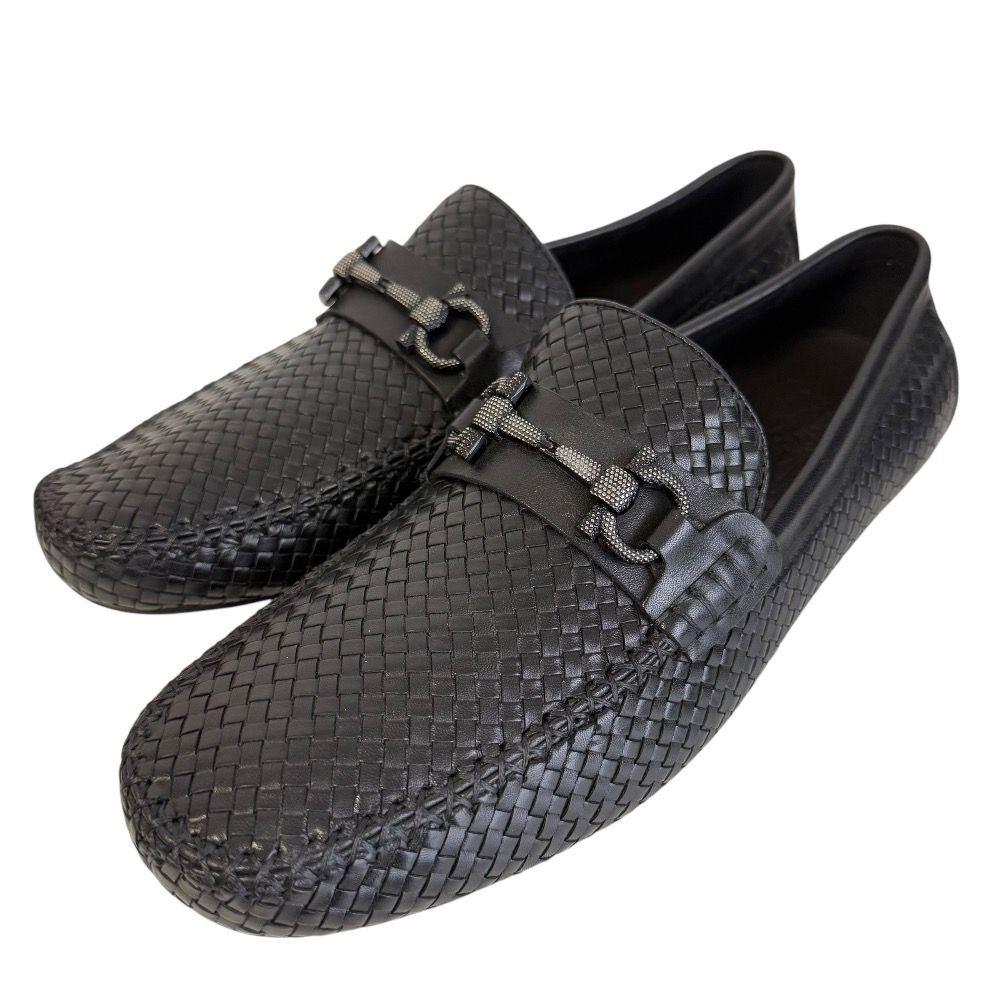 美品 Salvatore Ferragamo サルヴァトーレフェラガモ レザー イントレチャート ドライビングシューズ ローファー 10 28cm相当 ブラック メンズ 古着 中古 USED
