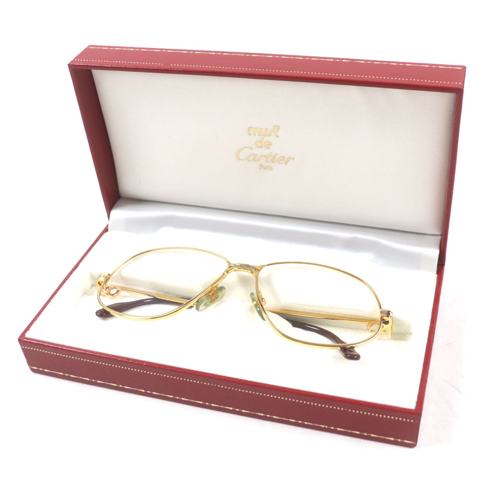 美品●Cartier カルティエ マイヨン パンテール ロゴ入り 度入り メガネ/アイウェア ゴールド×ボルドー 56□17 135 フランス製 美品▽Cartier カルティエ ヴィンテージ マイヨン パンテール ロゴ金具