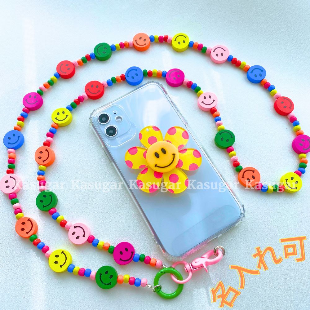 ニコちゃん❀派手かわ カラフル ウッド ビーズ スマホ ショルダー