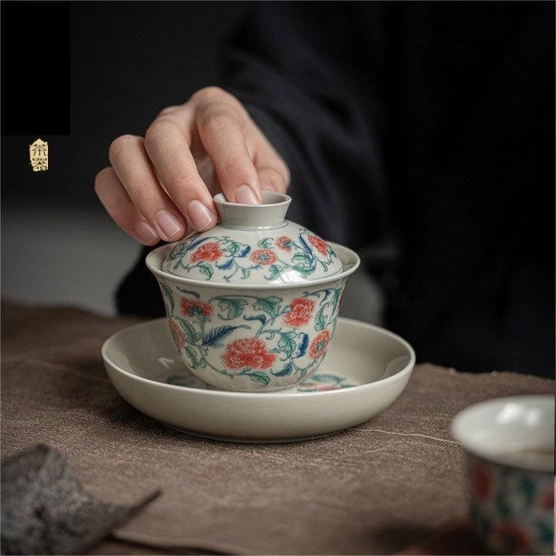 蓋碗 中国茶器 シングルハンドメイドセラミックレリーフリッド