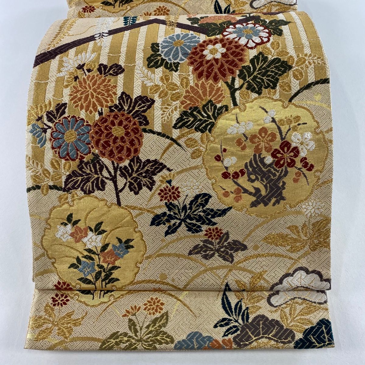 【美品】訪問着フルセット　雪輪枝花文様　黄朽葉色　暈し染め　六通袋帯 袋帯 美品 秀品 雪輪 草花 金糸 箔 金色 六通 正絹 【中古