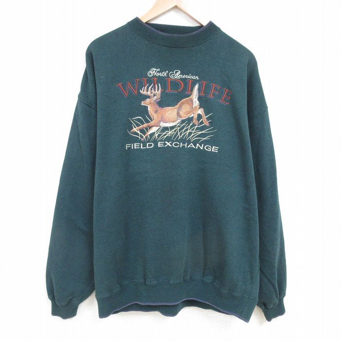 XL/古着 長袖 スウェット メンズ 00s 鹿 刺繍 大きいサイズ クルーネック 濃緑 グリーン 25mar29  スエット トレーナー トップス