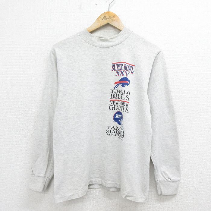 M/古着 長袖 ビンテージ Tシャツ メンズ 90s NFL バッファロービルズ コットン クルーネック 薄グレー 霜降り アメフト スーパーボウル 24a