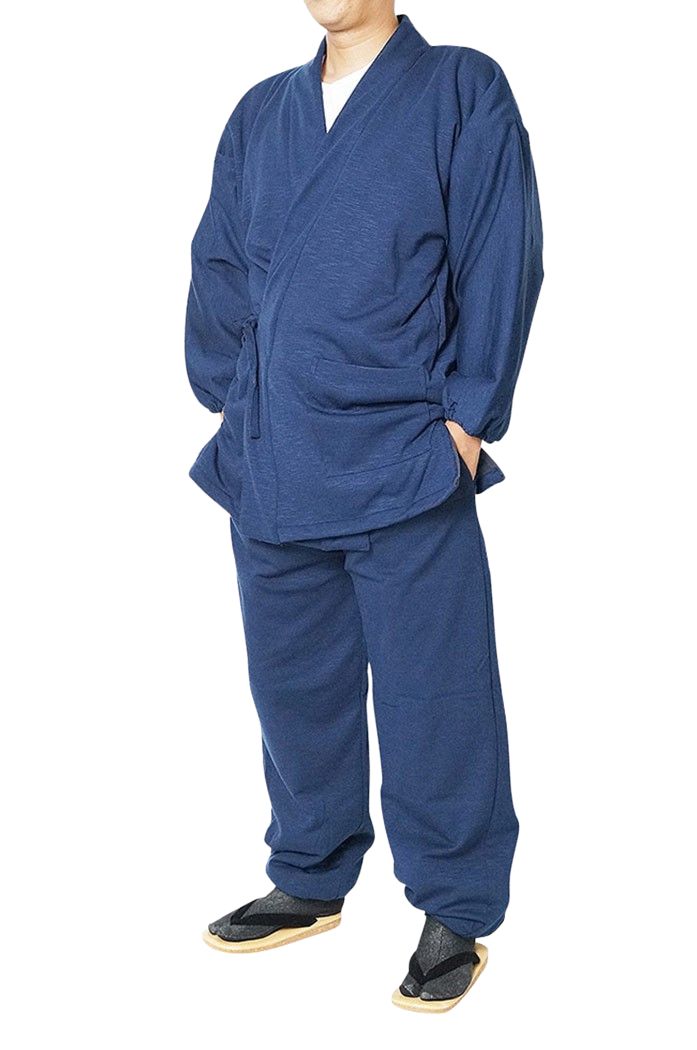 作務衣 冬 冬用 スラブニット織り 裏フリース中綿入り作務衣 暖 紺 S-5Lサイズ