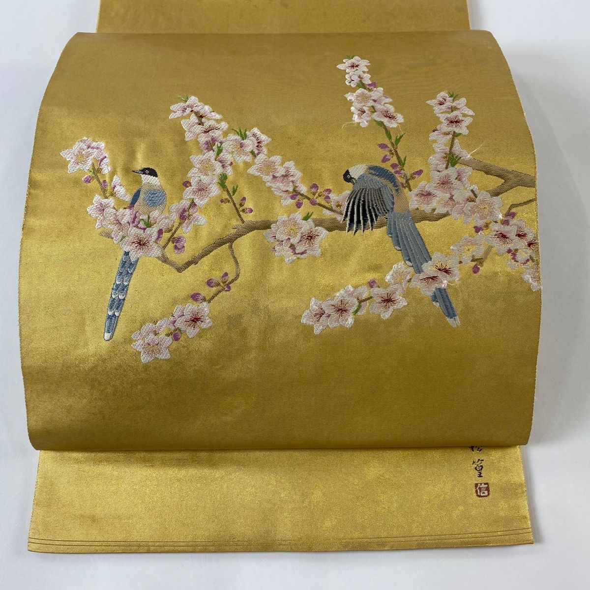 袋帯 名品 長嶋成織物 落款 瀞金錦 鳥 桃花 箔 金色 お太鼓柄