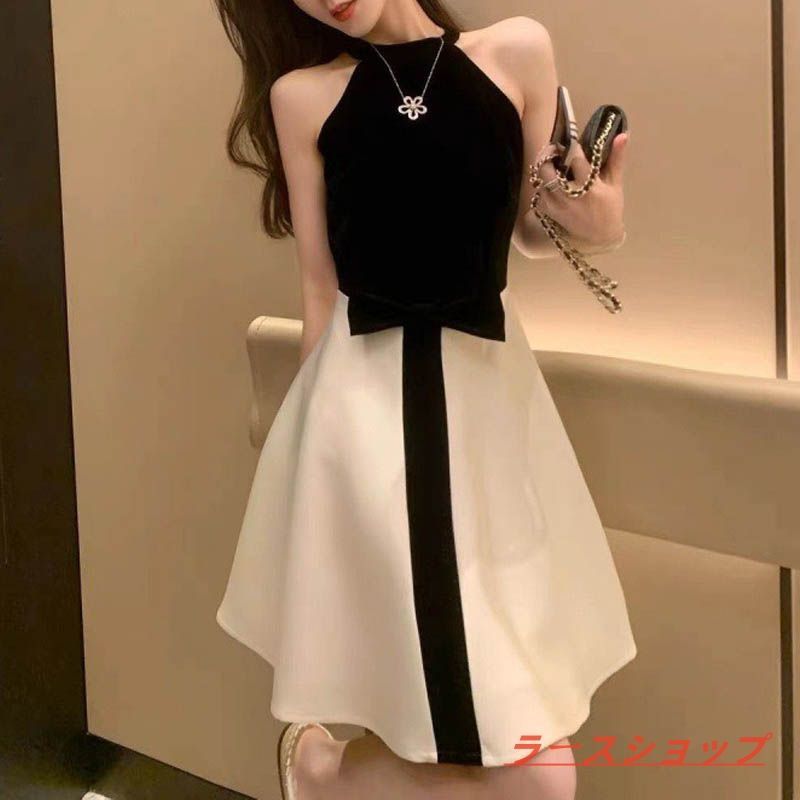 パーティードレス 結婚式 ホルダーネック 袖なし モノトーン ウエストリボン 膝丈 フ スカート きれいめ お呼ばれ 20代 30代 フォーマル