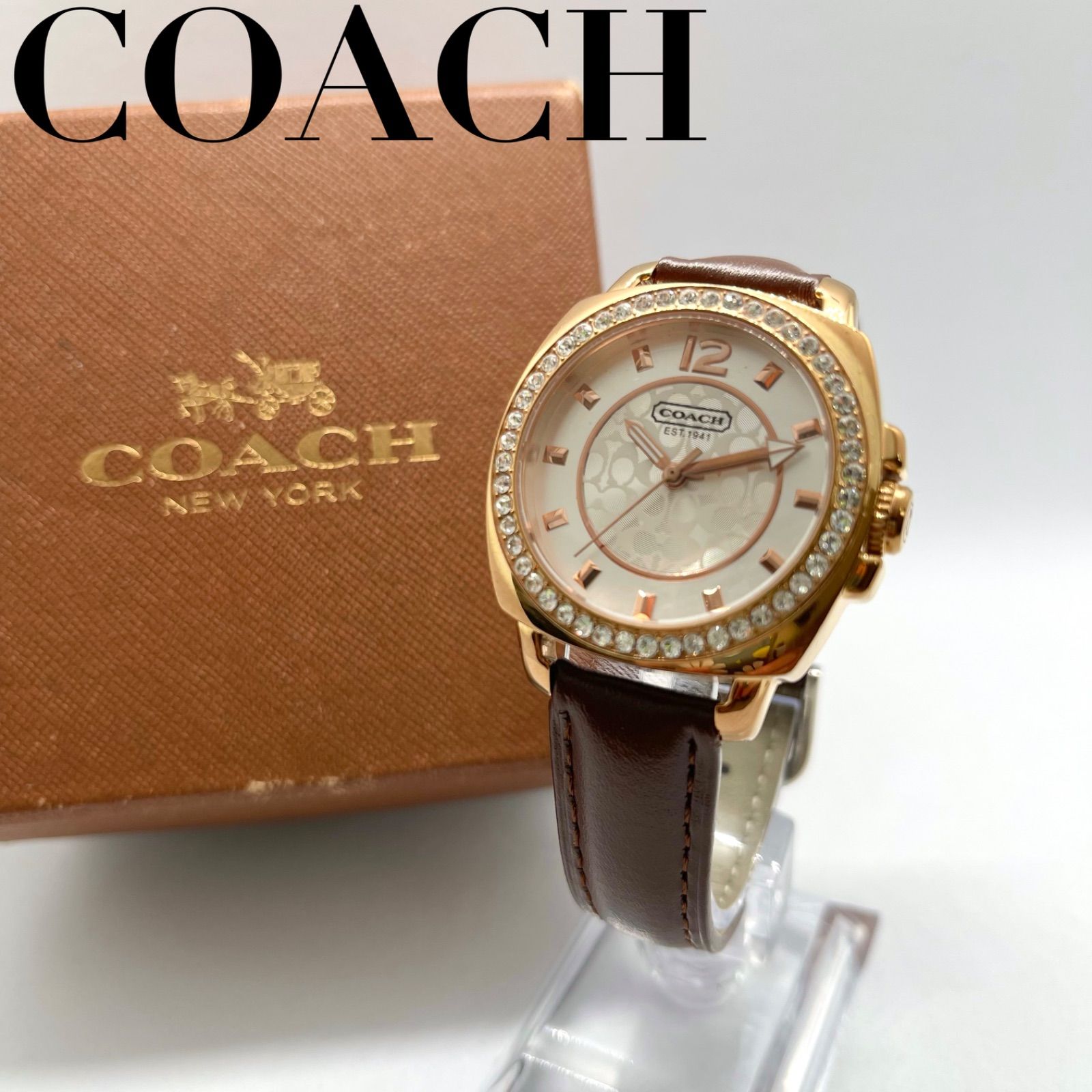 COACH コーチ　EST.1941 レディース　レザー　腕時計　アナログ　ピンクゴールド　ブラウン　茶系　キラキラ