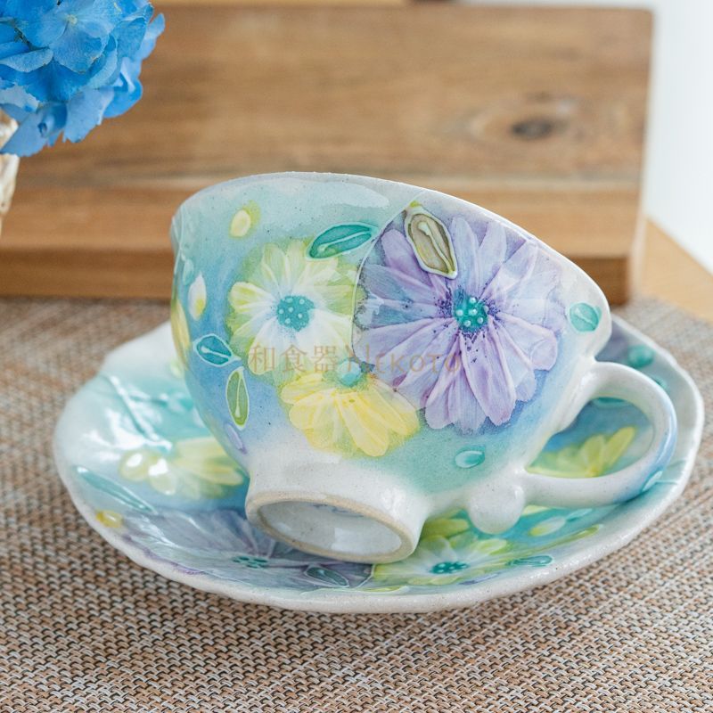 日本製工房「風花」 彩粉引花紋 コーヒー＊碗皿 カップ ソーサ