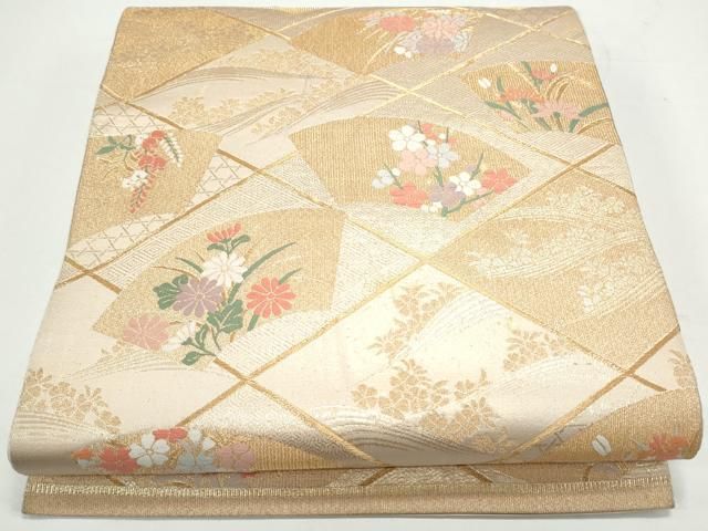京都 菱屋 インカ文様 おび 帯 六通柄 美術袋帯 浮き織 和装 長さ444.5㎝ 幅31㎝ 苫小牧西店 西陣織 袋帯 長尺 単品 お仕立て上がり「観世水、扇に吉祥模様 織彩
