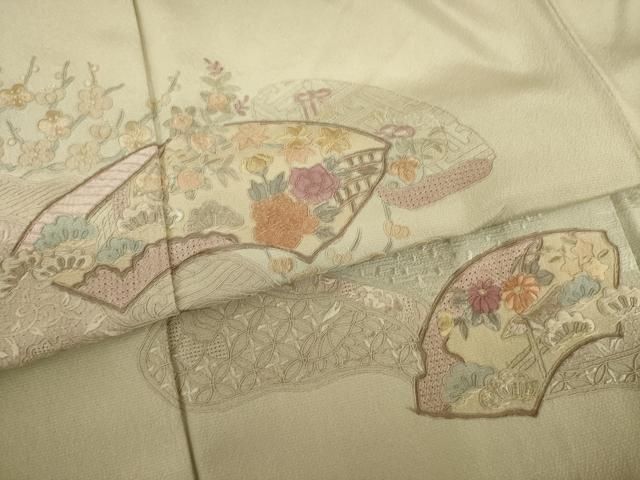 中国三大刺繍 汕頭 刺繍 裄66 地模様 一つ紋 付下げ 訪問着 T-4774 中国三大刺繍 汕頭 刺繍 裄66 地模様 一つ紋 付下げ 訪問着 T-4774