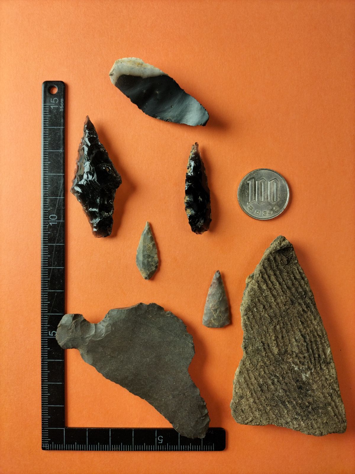 石器セット(出土品)石篦、石ナイフ、石匙の3点！全て硬質頁岩(チャート！) 石器セット(出土品)石篦、石ナイフ、石匙の3点！全て硬質頁岩(