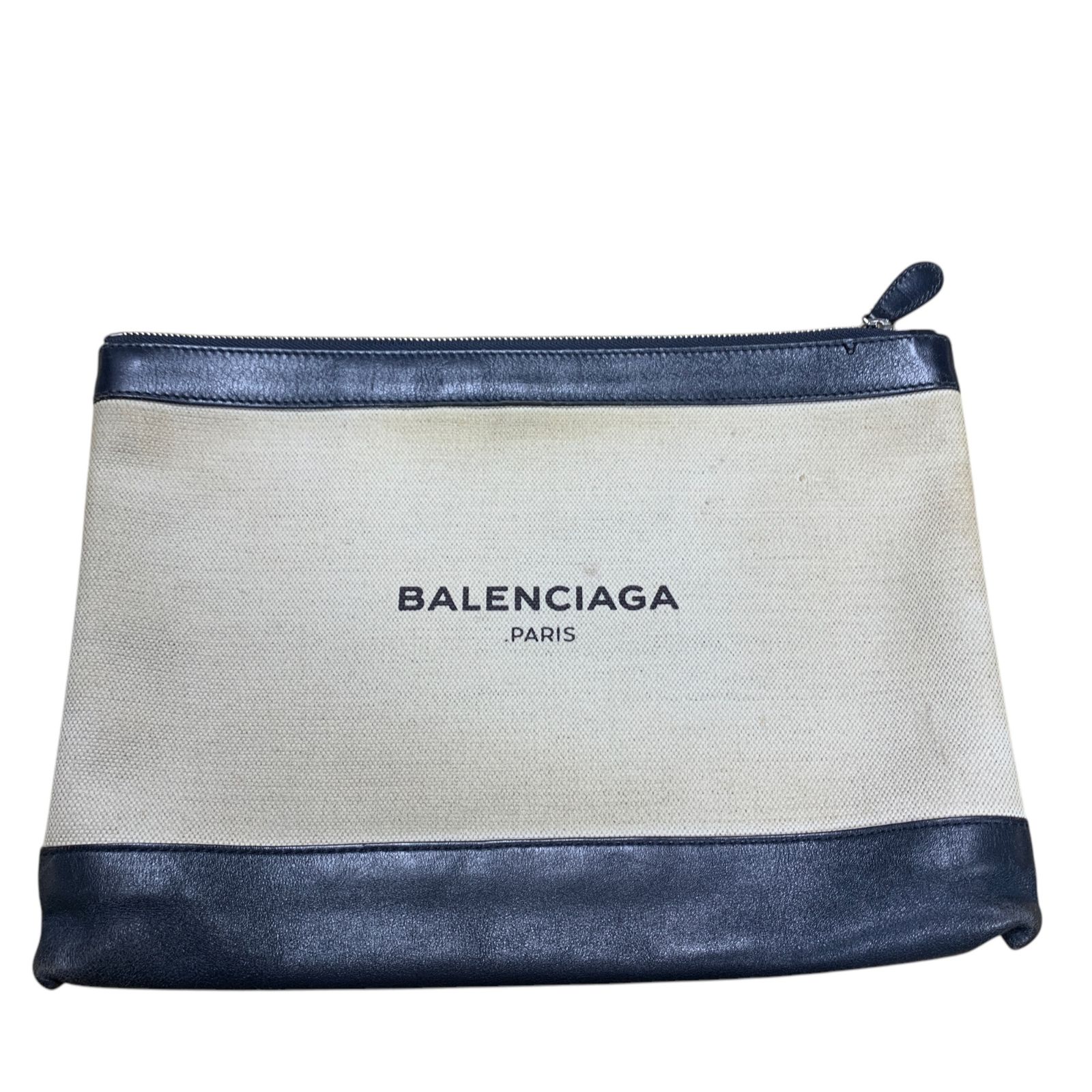 中古品バレンシアガ BALENCIAGA ナチュラルxネイビー ネイビークリップM クラッチバッグ ドキュメントケース 本体のみ 420407 V83984NA