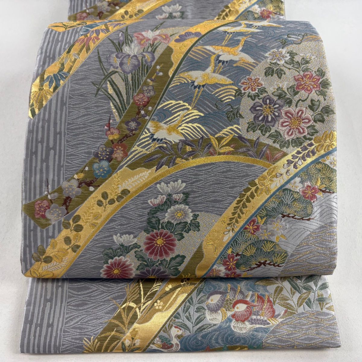 袋帯 美品 名品 やまと 鶴 松竹梅 箔 金糸 灰色 六通 正絹