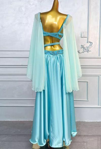 ベリーダンス衣装 ブラベルトスカートセット フ スリーブ 水色 オーダーメイド