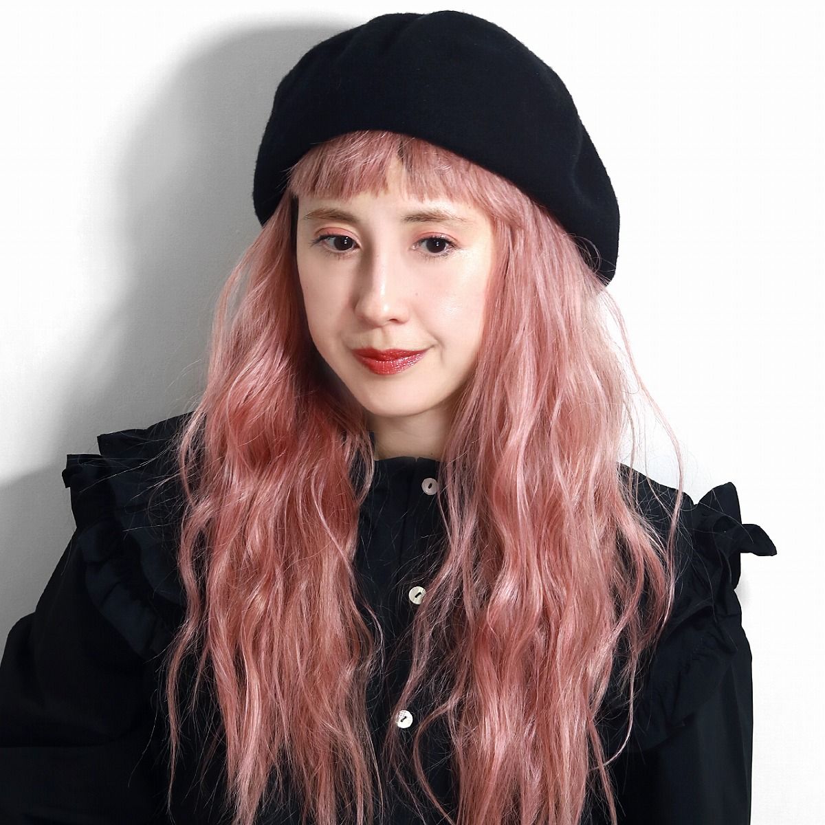 黒 ウール ベレー帽 リボン付き リボン ウール ベレー - ブラック