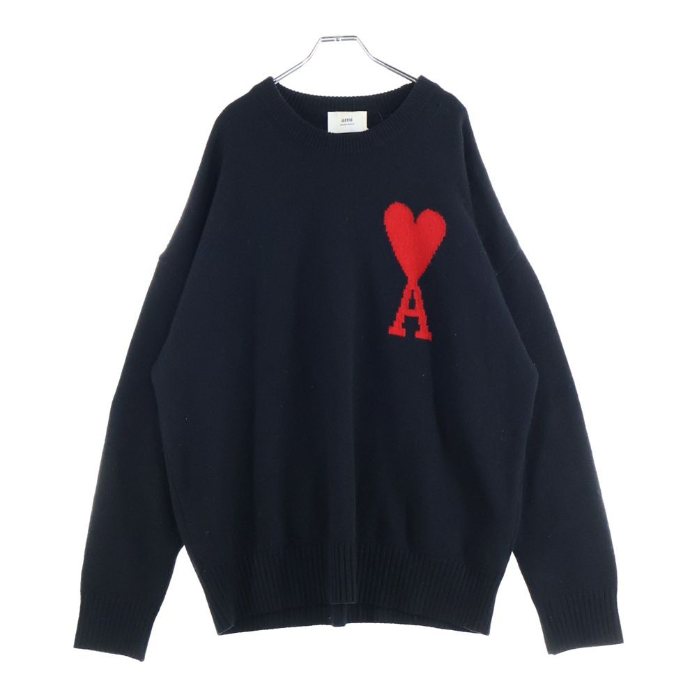 ami アミ ハート刺繍ロゴ クルーネックニットセーター ブラック|レッド BFUKS002.018