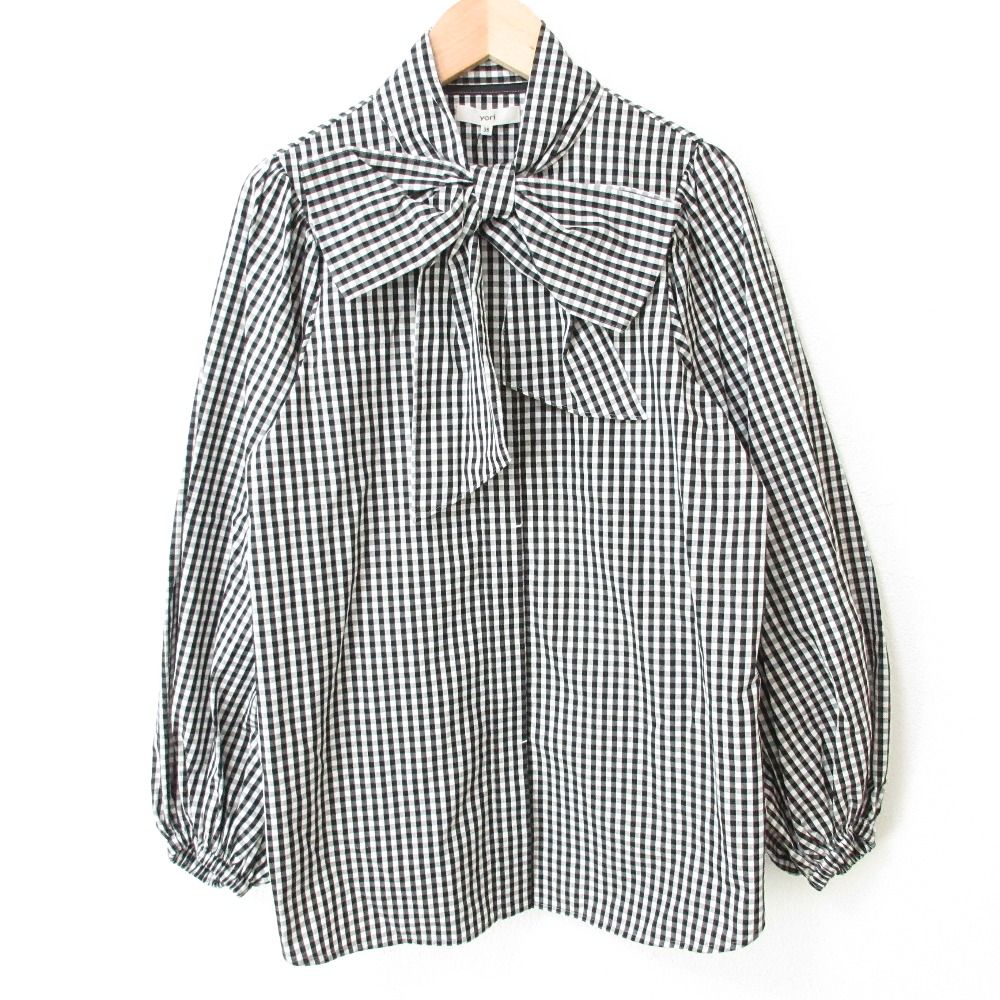 22AW yori ヨリ ギンガムチェック ボリュームスリーブ 長袖 リボンブラウス シャツ 36 ブラック レディース 古着