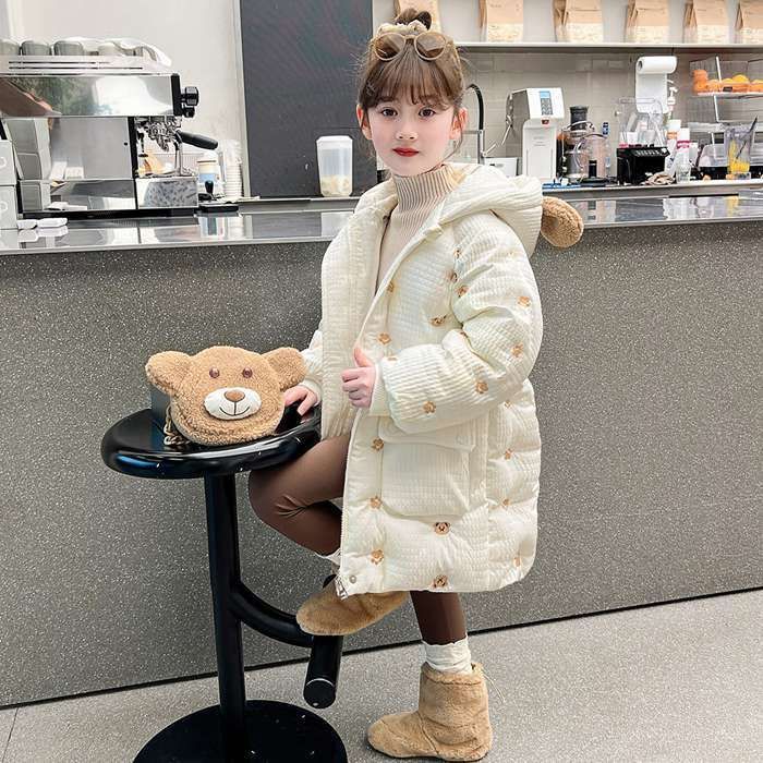中綿コート キッズ 女の子 ガールズ 子供服 子供コート アウター クマ キッズコート ロング丈 厚手 ダウン風コート フード付き 秋冬 冬服 暖かい 防寒 防風 秋冬 可愛い 通園 通学 誕生日祝い