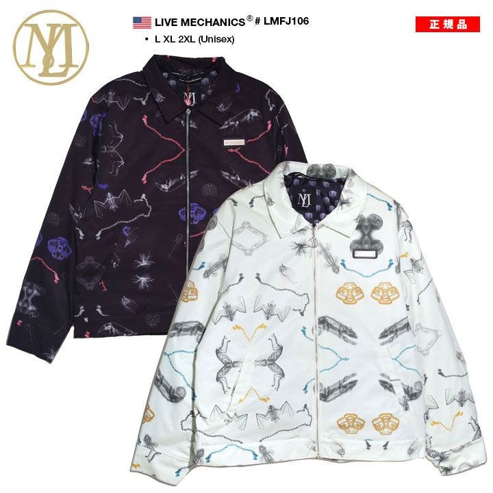 MECHANICS アウター 秋 長袖 中綿 ジャケット ブルゾン メンズ 黒 白 大きいサイズ ライブメカニクス 防寒着 総柄 オールド文字 袖ロゴ ゴールドチェーン 暖かい b系 ヒップホップ ファッション レゲエ ストリート系 ハイ 服 LMFJ106