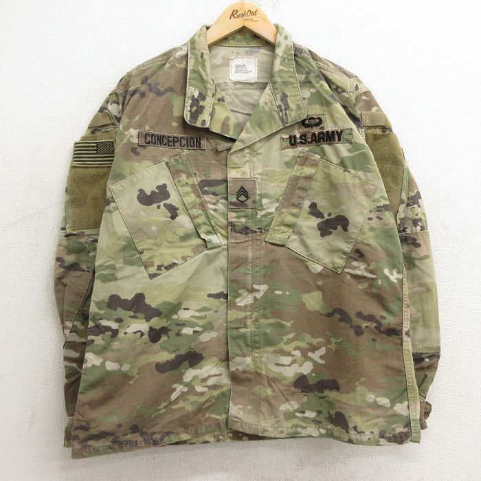 L/古着 長袖 ミリタリー ジャケット メンズ パラシュート部隊 コンバット USアーミー ARMY マルチカムカモ リップストップ 濃緑他 グリーン