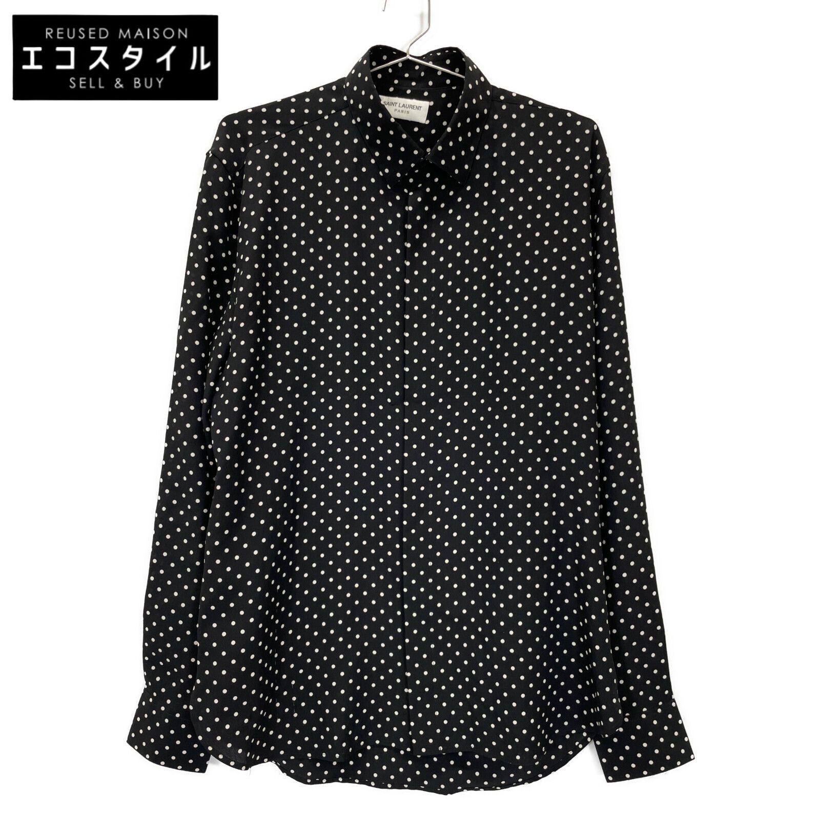 SAINT LAURENT PARIS サンローランパリ 646850 ﾌﾞﾗｯｸ ﾎﾟﾙｶﾄﾞｯﾄ ｼﾙｸ ﾛﾝｸﾞｽﾘｰﾌﾞｼｬﾂ 37