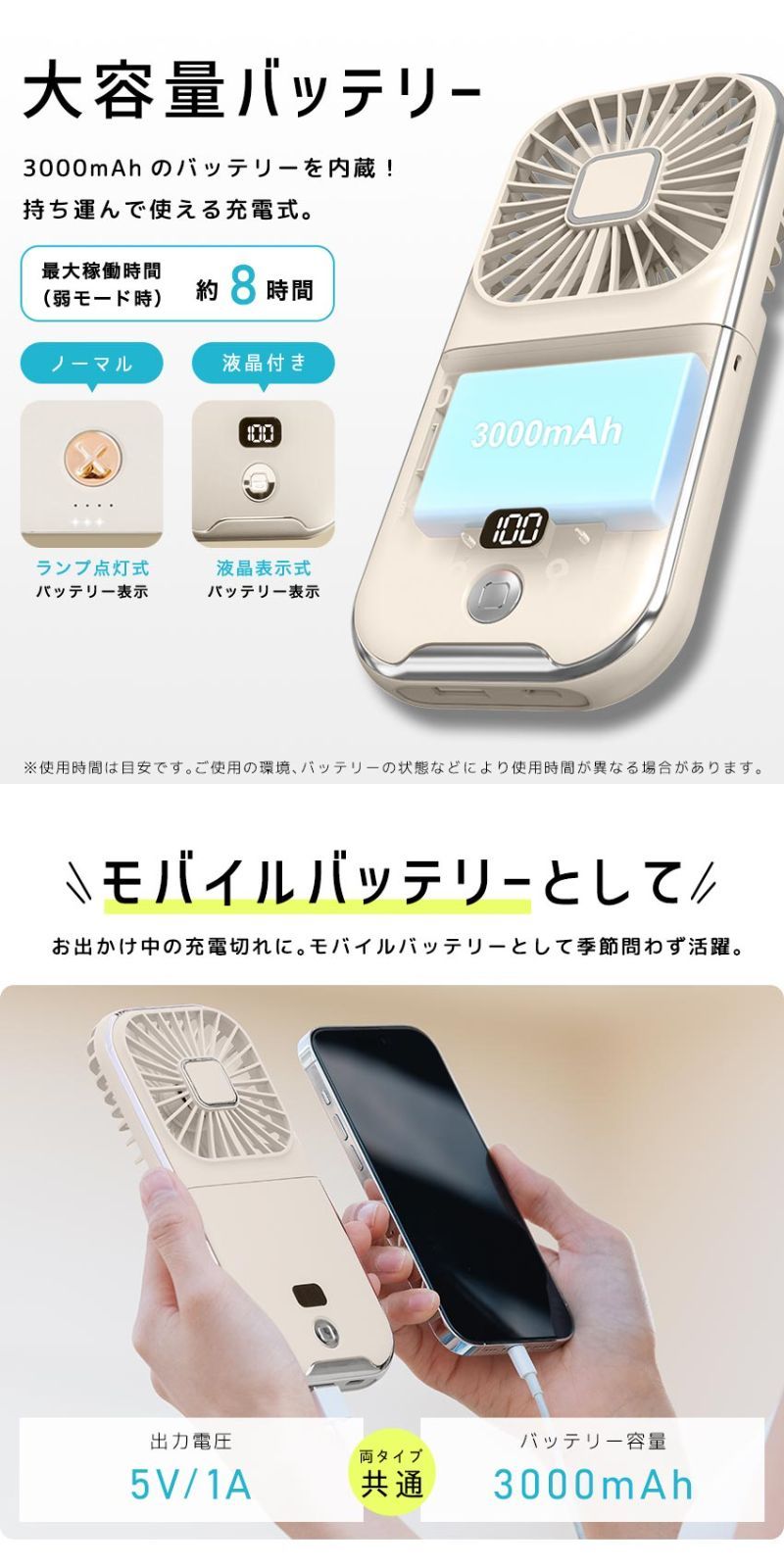 Lafuture【公式販売店】 最安値 限定くすみカラー ノーマルタイプ　ハンディファン PSE認証済 ショップ評価でメーカー保証1年付 液晶残量表示 5WAY USB 充電 ハンディーファン ストラップ