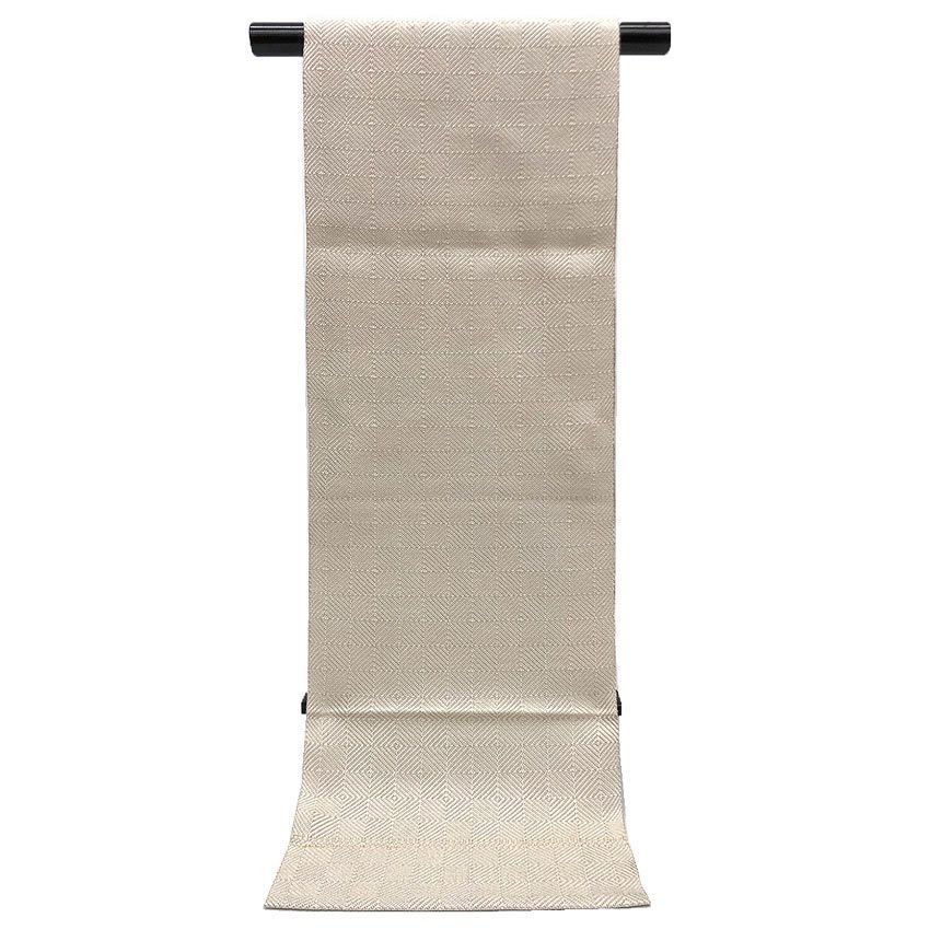 京やK442 正絹 名古屋帯 長尺 4メートル以上 ロングサイズ 開き仕立て 手織 白 ベージュ 菱文 格子文 袷 単衣の着物兼用 フォーマル～カジュアルまでOK 仕立て上がり リサイクル着物