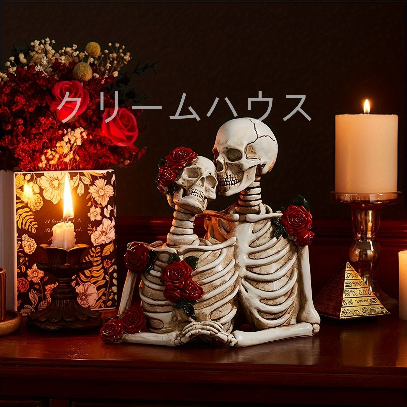 ローズスカルカップルオブジェ 置物 骸骨 ホワイト ハロウィン