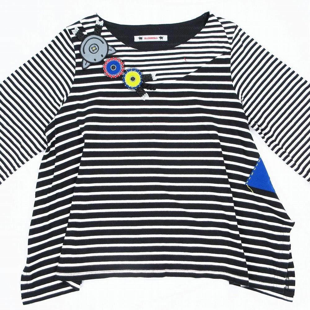 アルベロベロ ALBEROBELLO オレボレブラ ボーダー柄 ブタさん カットソー Tシャツ 七分袖 トップス 黒白 レディース 【中古】 アルベロベロ ALBEROBELLO オレボレブラ ボーダー柄 ブタさん